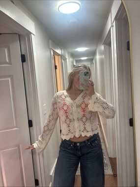Cream Flower Crochet Sweater